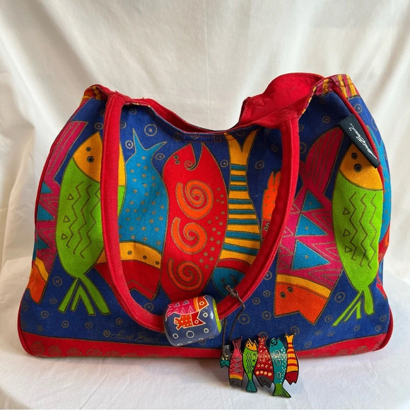 Laurel Burch Vibrant Fish Satchel Bag Purse Carryall. - Picture 7 of 14